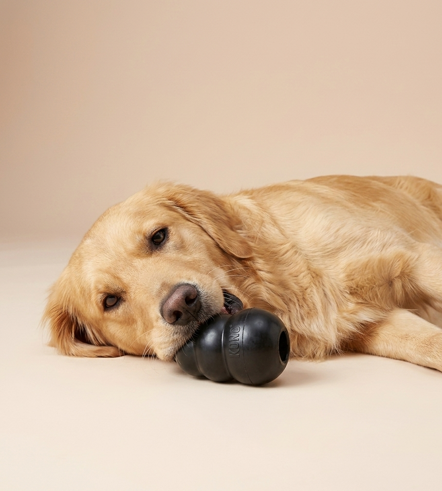Perro tranquilo mordiendo el juguete de reconexión neurológica